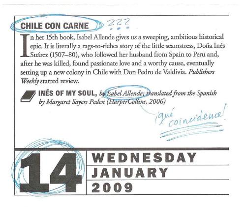 Chile con carne, January 14th page from the Page-A-Day 2009 Book Lover's Calendar, featuring Isabel Allende