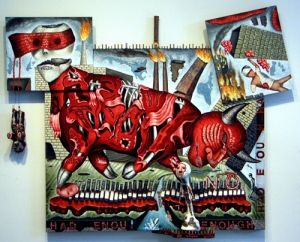 Enough, mixed media on wood, 50" x 63" x 7", 2008/2009, painting © 2008-2009 by Cathy Wysocki, all rights reserved