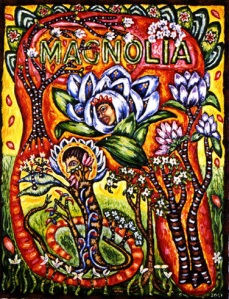 Magnolia, mixed media on canvas, 18" x 14", 2001, painting © 2001-2009 by Cathy Wysocki, all rights reserved
